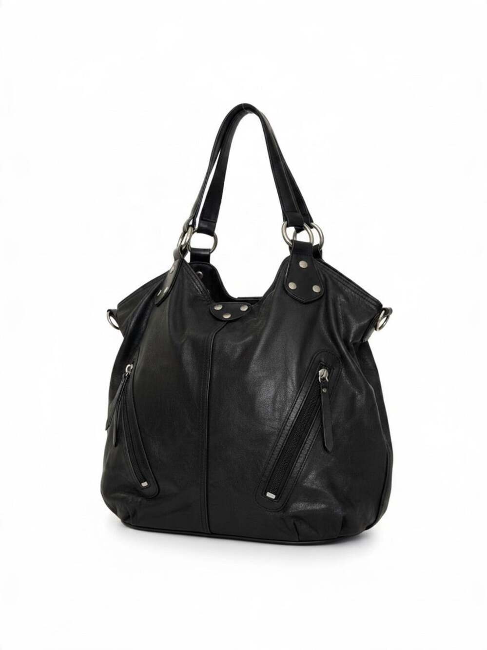 Ellington Black Leather Slouchy Hobo Shoulder Bag Silver Hardware
